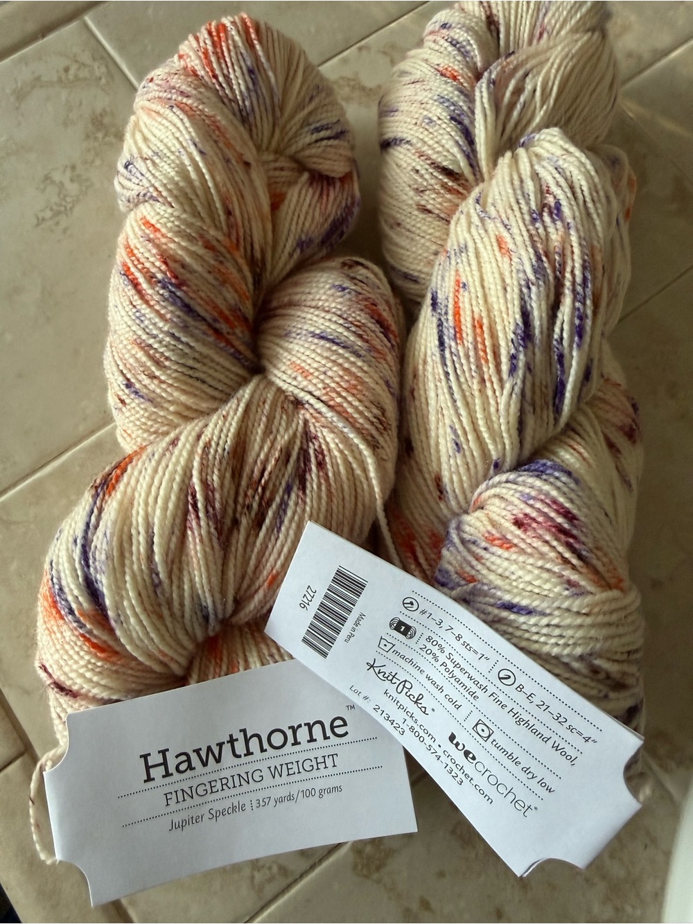 Hawthorne Fingering Weight Yarn - Jupiter Speckle (Cream with Orange & Purple)